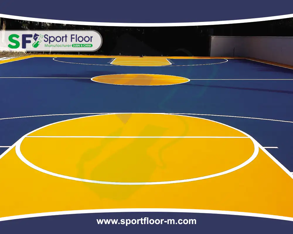 Blue and yellow acrylic basketball court with contrasting zones
