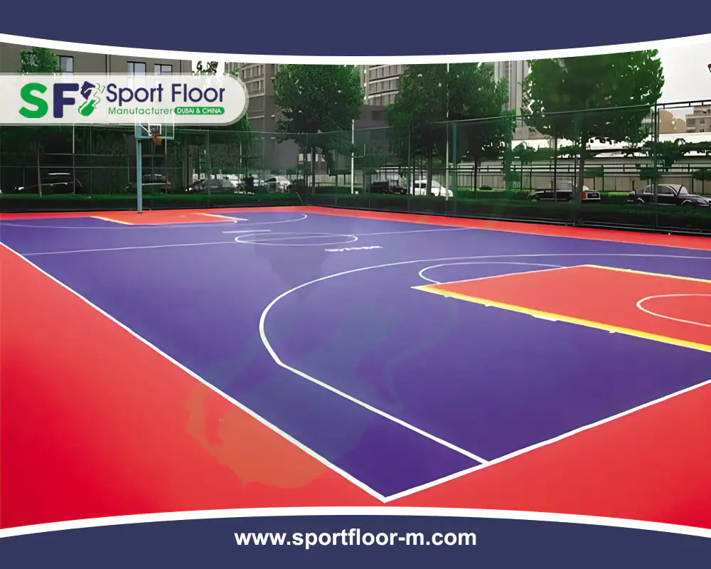 Purple and red outdoor acrylic basketball court prepared as a finished facility
