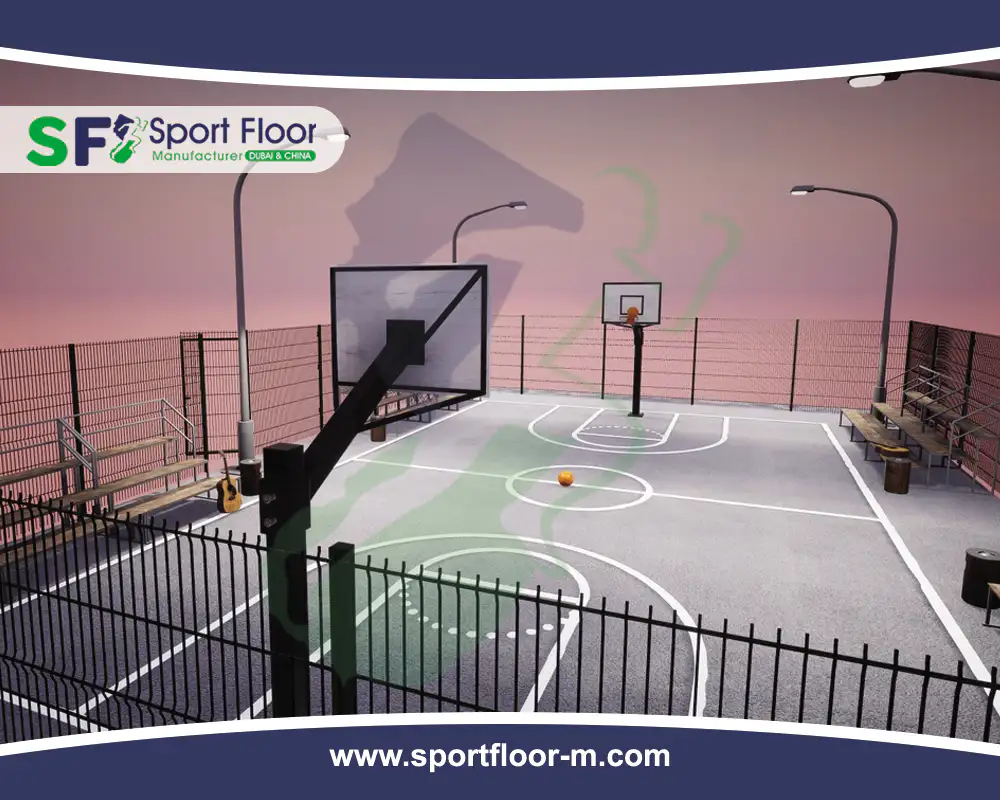 Fenced basketball facility with two hoops and a synthetic court surface