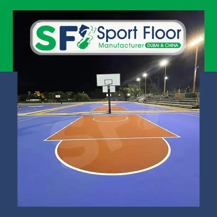Blue and orange basketball court viewed from one end