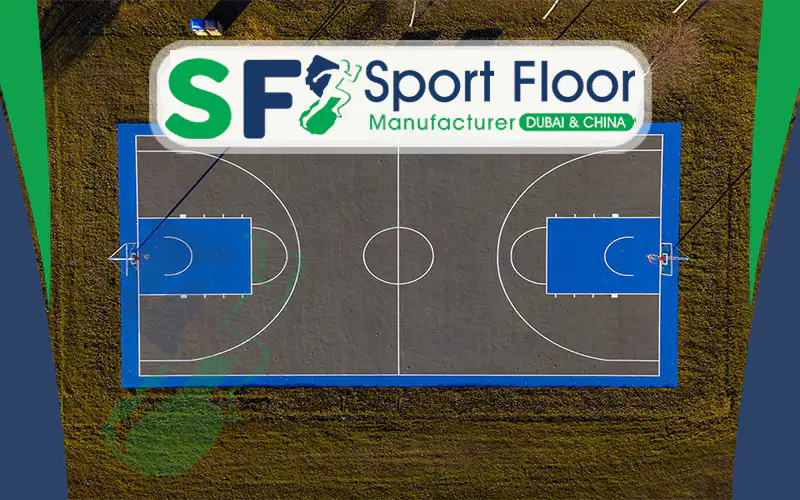 Aerial view of grey and blue basketball court