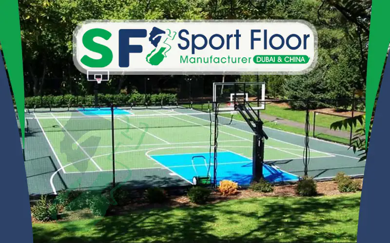 Outdoor multi-use basketball facility with green and blue zones