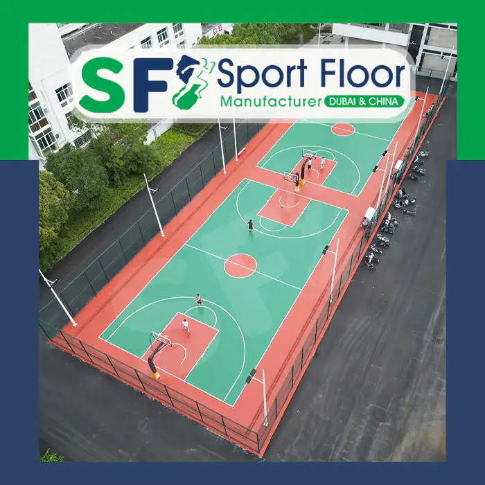 Aerial view of a green and red basketball facility