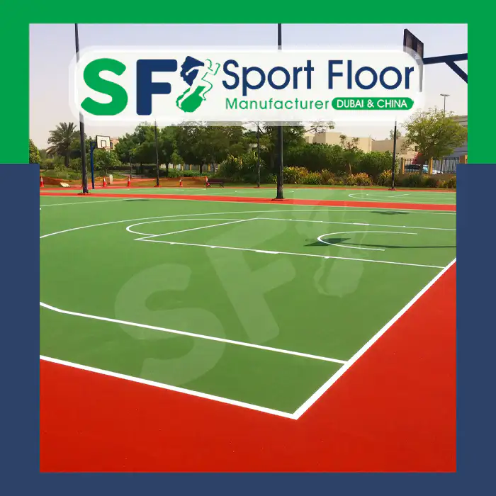Green basketball court with red boundary area