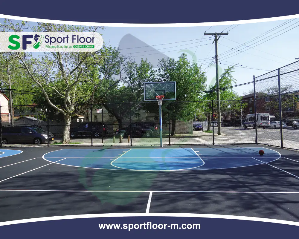 Blue and green outdoor basketball court with white markings