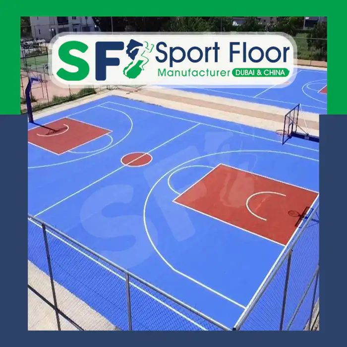 Aerial view of blue basketball courts with red key areas