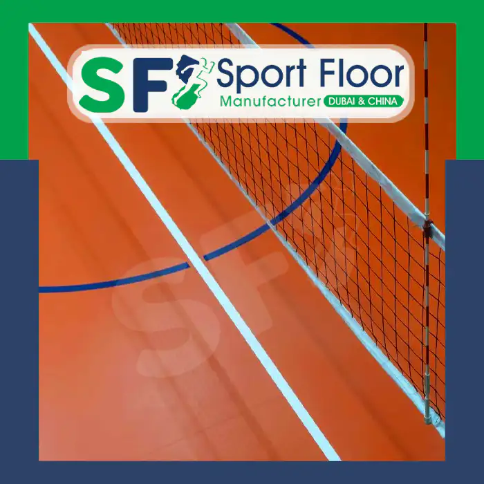 Orange volleyball court surface with net and contrasting lines