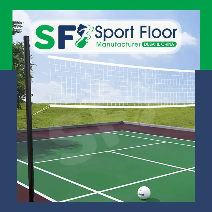 Green outdoor volleyball court with white lines