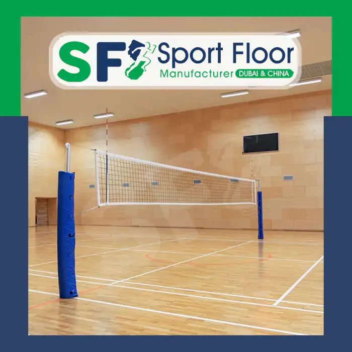 Indoor volleyball hall with wooden surface and padded posts