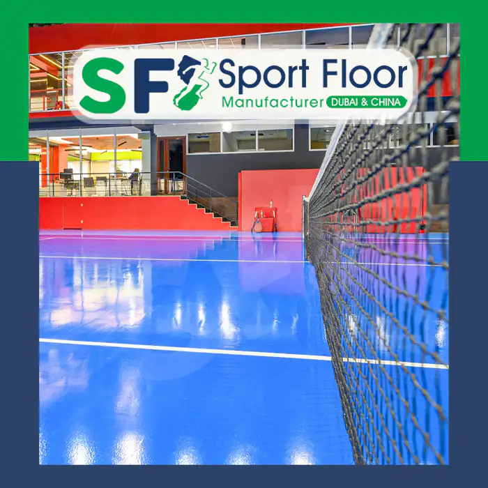 Blue indoor volleyball court with net