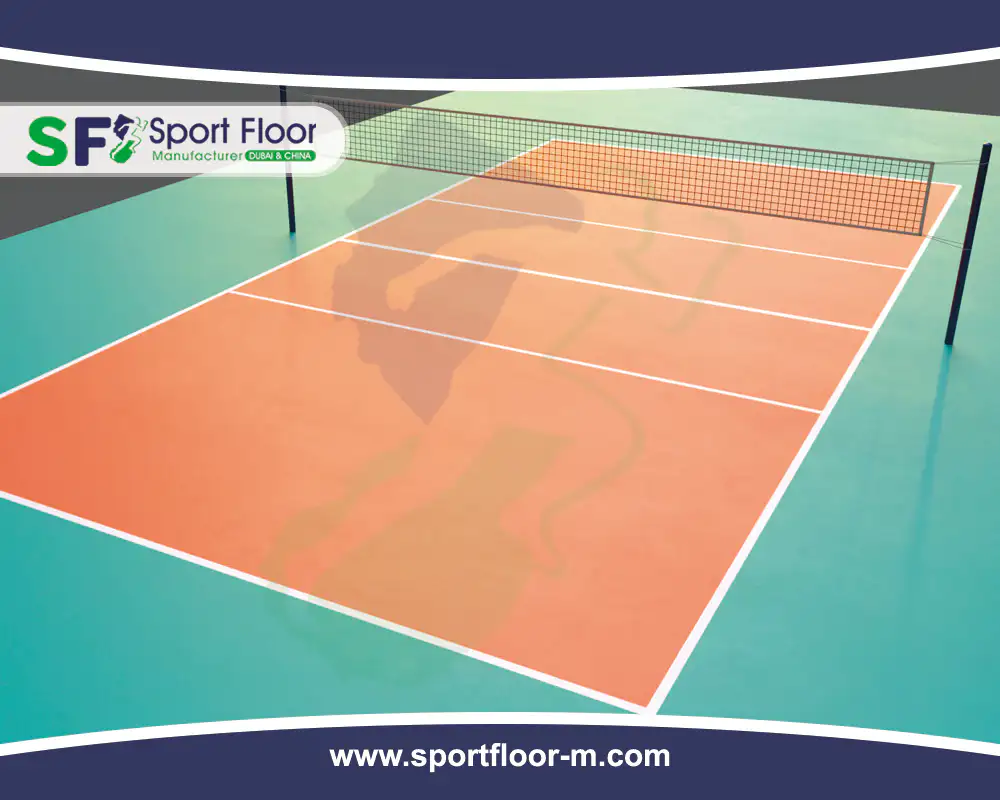 Orange and turquoise acrylic volleyball court with white markings