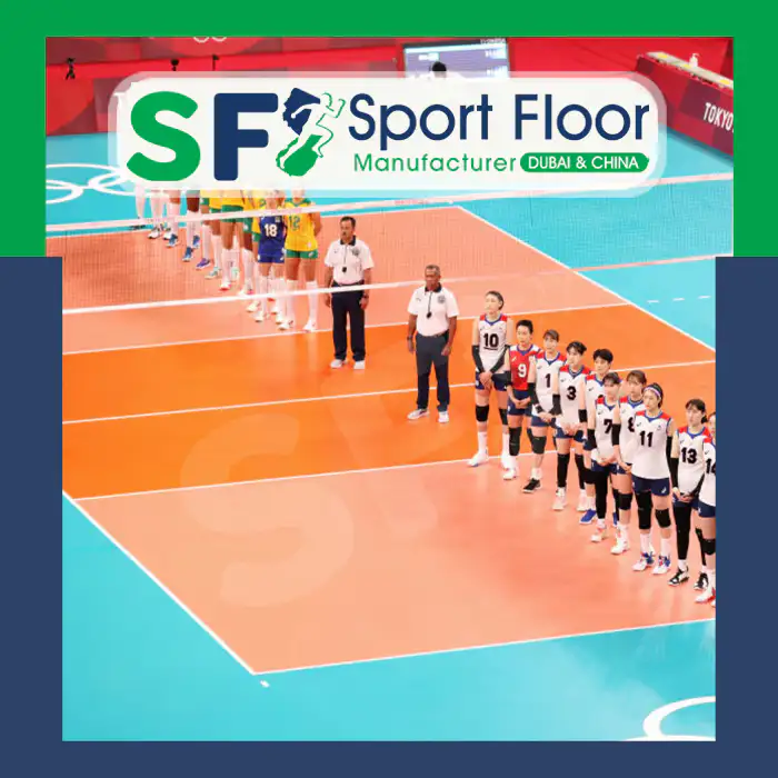 Indoor volleyball teams standing on an orange and blue court