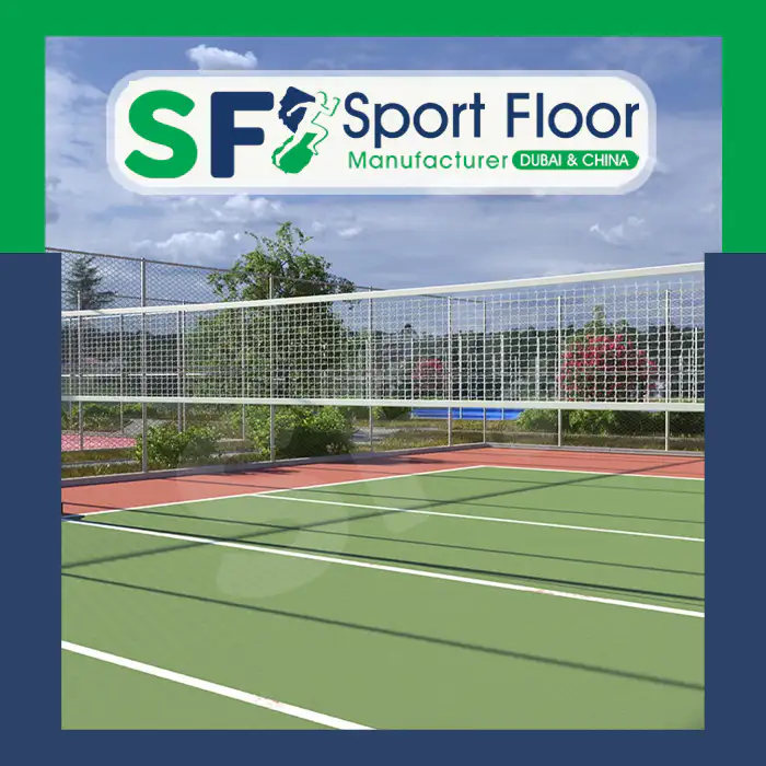 Outdoor green volleyball court with red free zone and white net