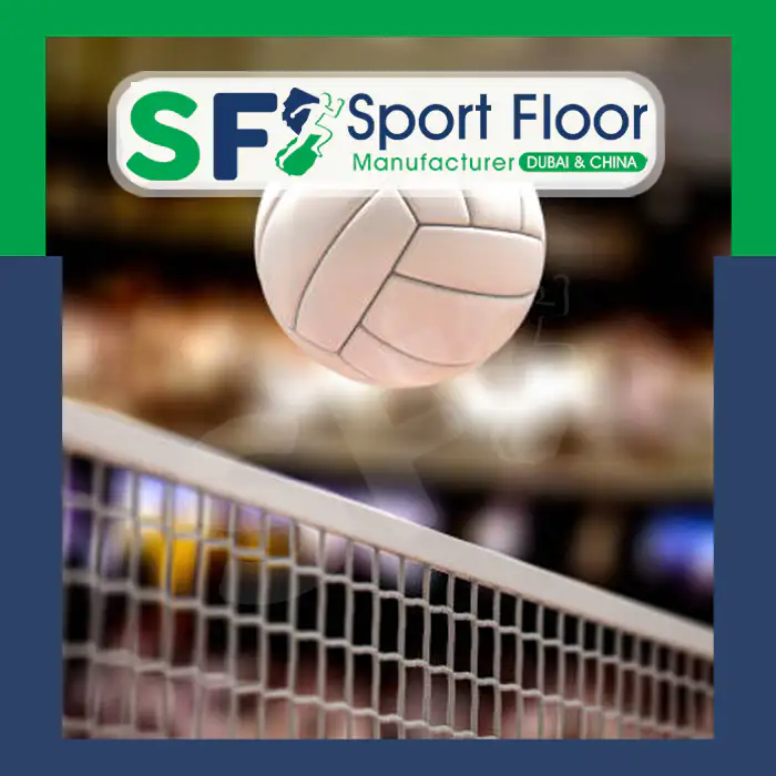 Volleyball ball above an indoor net