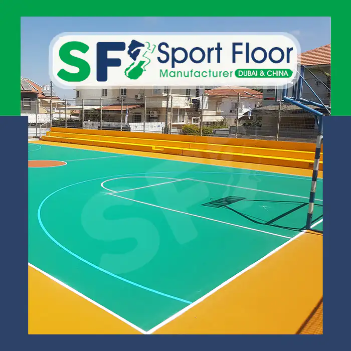 Turquoise and yellow outdoor handball court with marked goal area