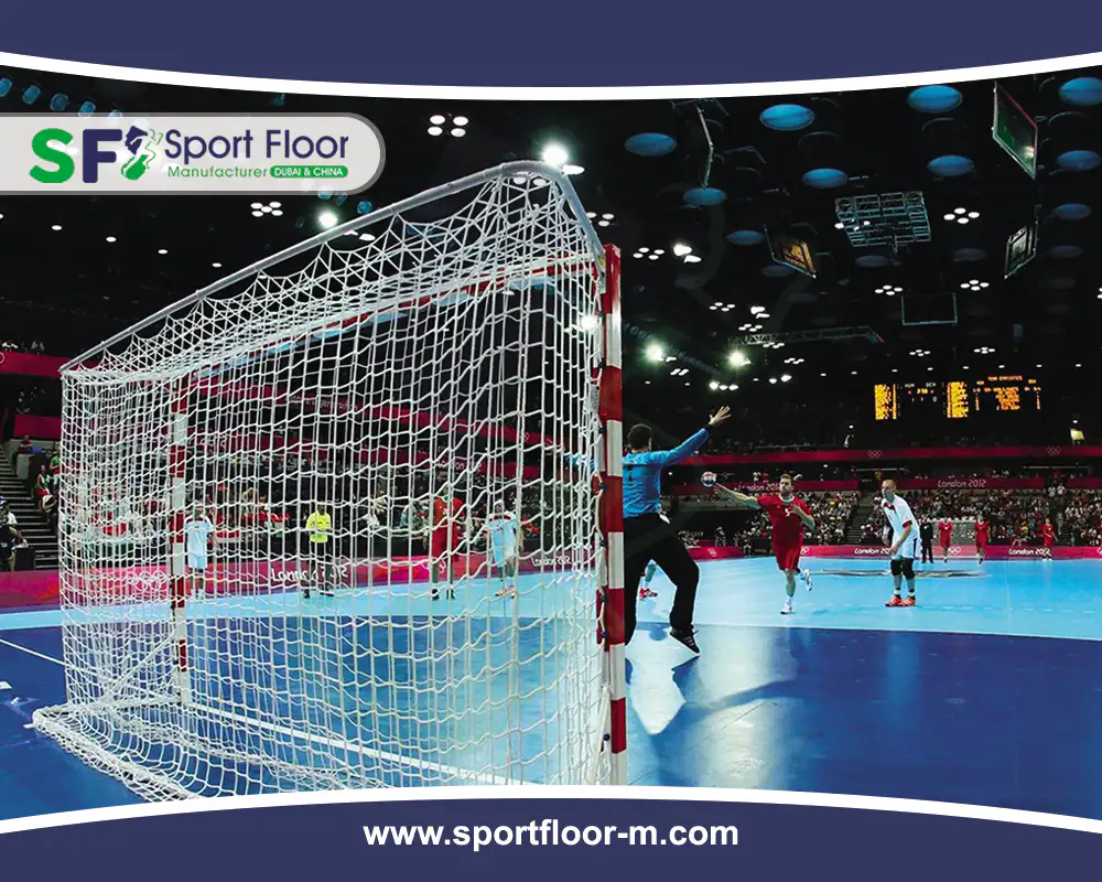 Indoor handball goal and court during a formal handball match