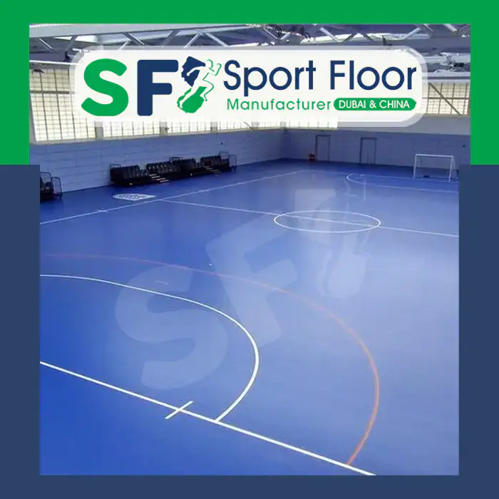Synthetic handball court surface with goal-area markings