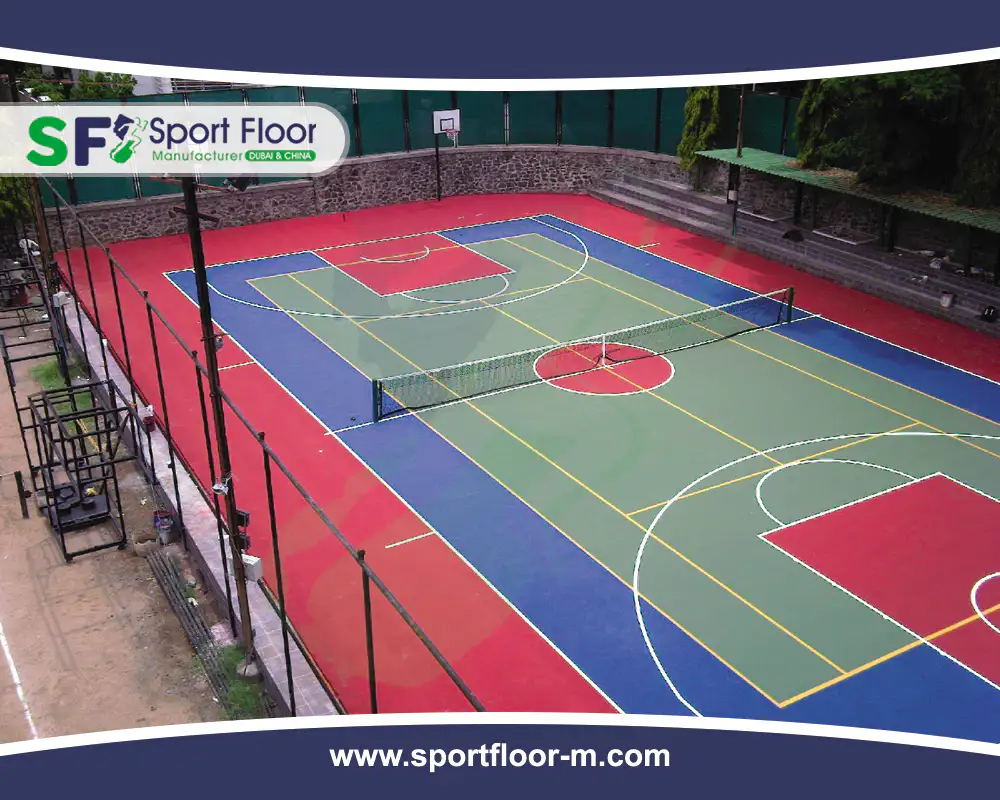 Outdoor multi-sport acrylic court with basketball, tennis and additional line markings