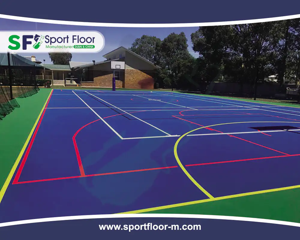Blue outdoor multi-sport court with several differentiated line colors