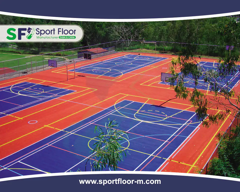 Multi-court sports facility with several line colors and playing zones