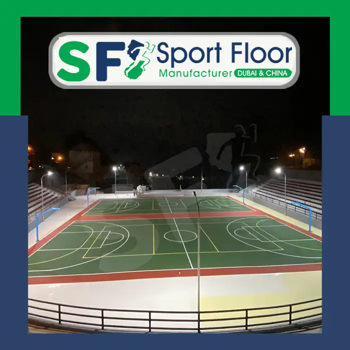 Green outdoor multi-sport court under sports lighting