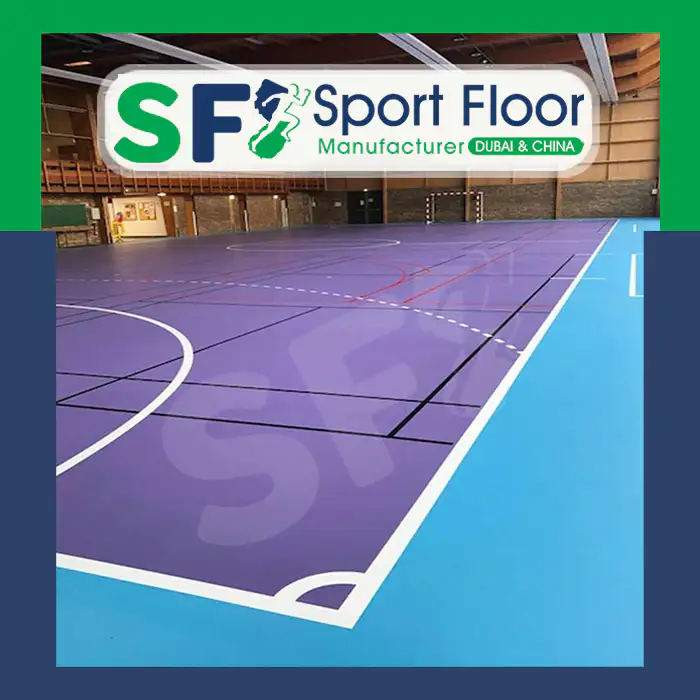 Purple and blue indoor multi-sport court with several markings