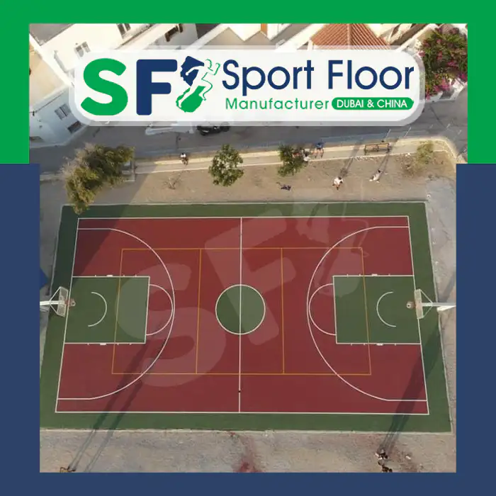 Aerial view of a red and green outdoor multi-sport court