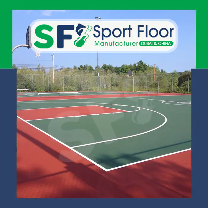 Green and red outdoor basketball court with additional markings