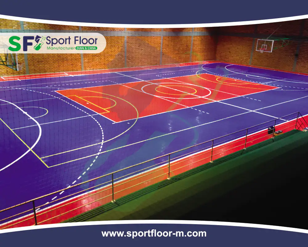 Indoor multi-sport court with several colored game lines