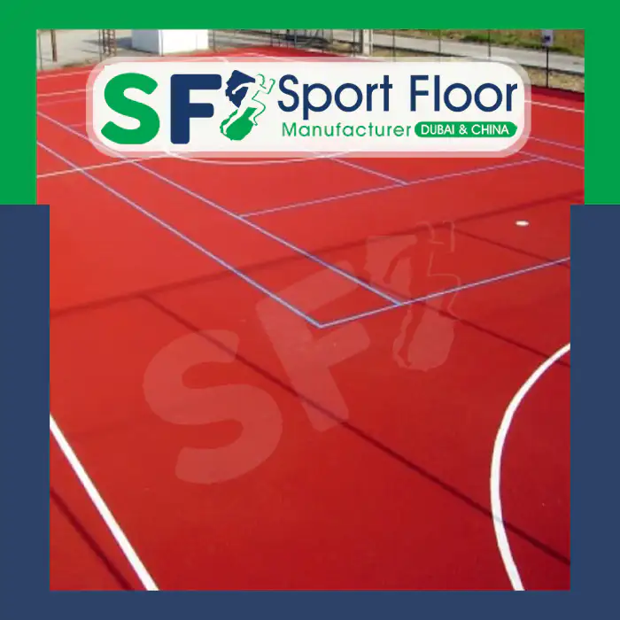 Red sports surface with white and blue court lines