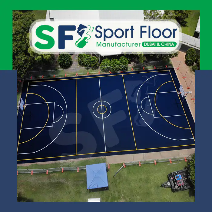 Aerial view of a dark blue multi-sport court