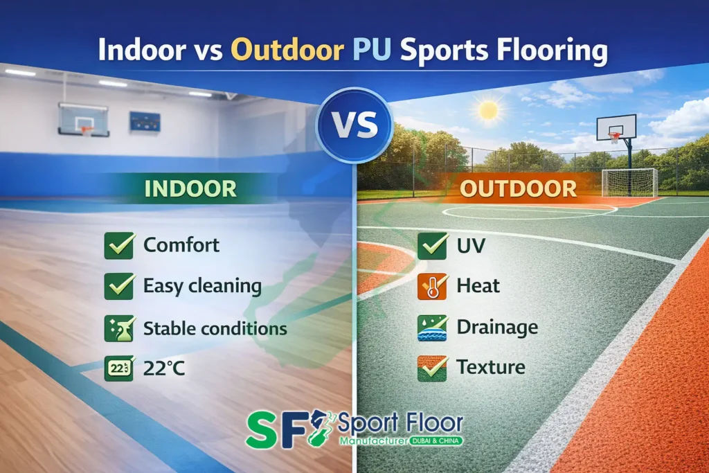 Indoor vs outdoor PU sports flooring checklist UV heat drainage texture
