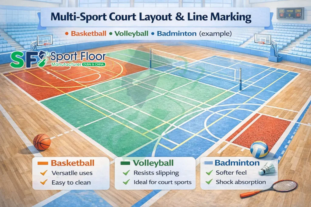 Multi sport court flooring line marking layout basketball volleyball badminton