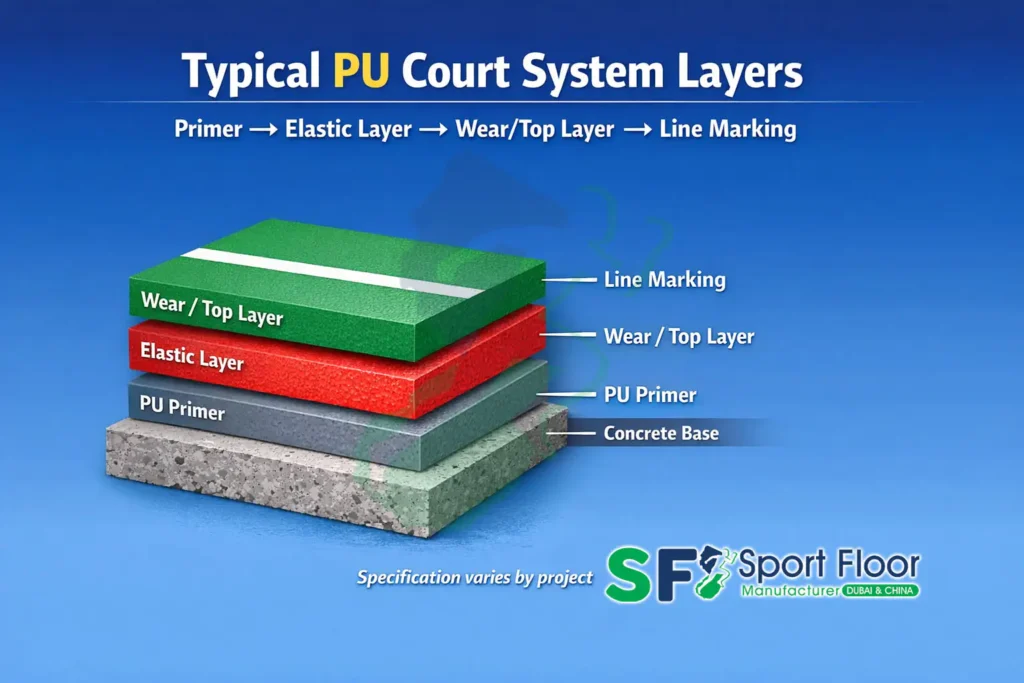 PU court flooring layers primer elastic layer wear layer line marking