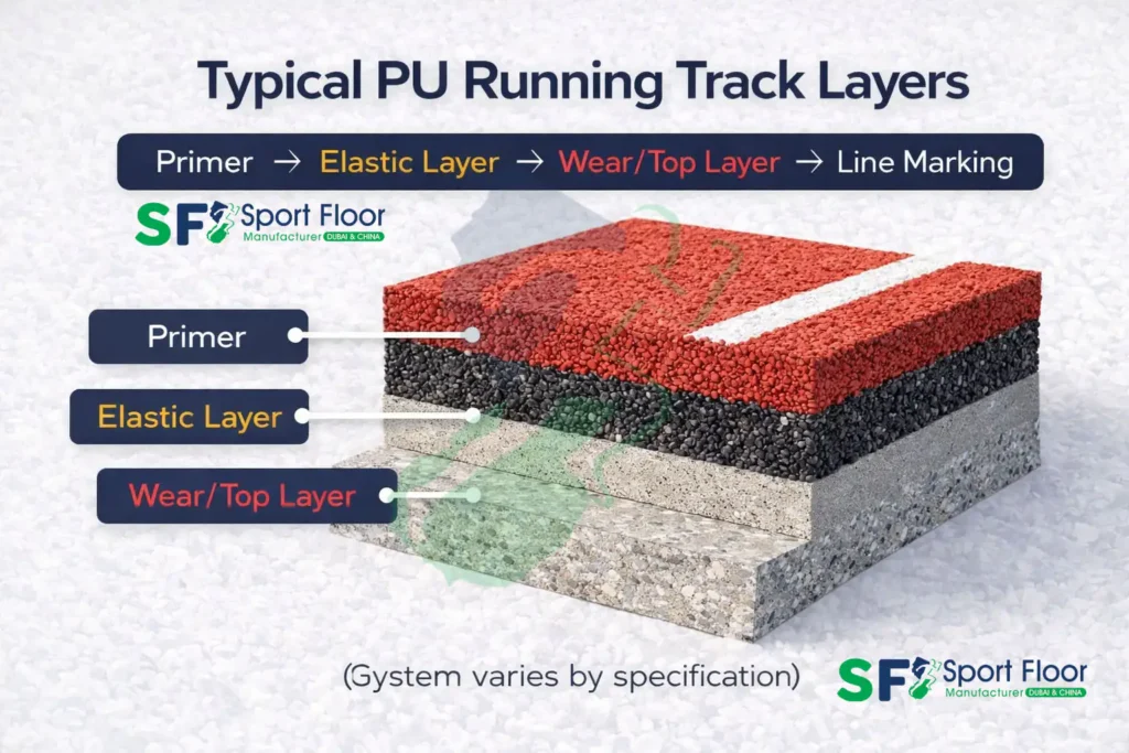 pu running track layers primer elastic wear line marking sport floor PU running track layers primer elastic layer wear layer line marking
