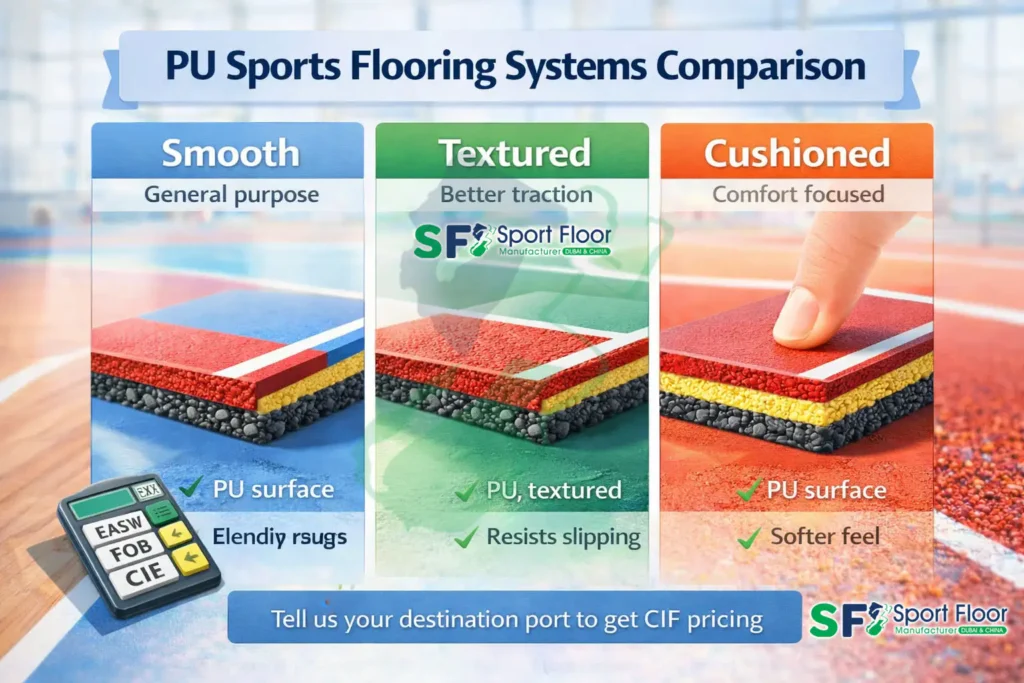 PU sports flooring systems comparison smooth vs textured vs cushioned