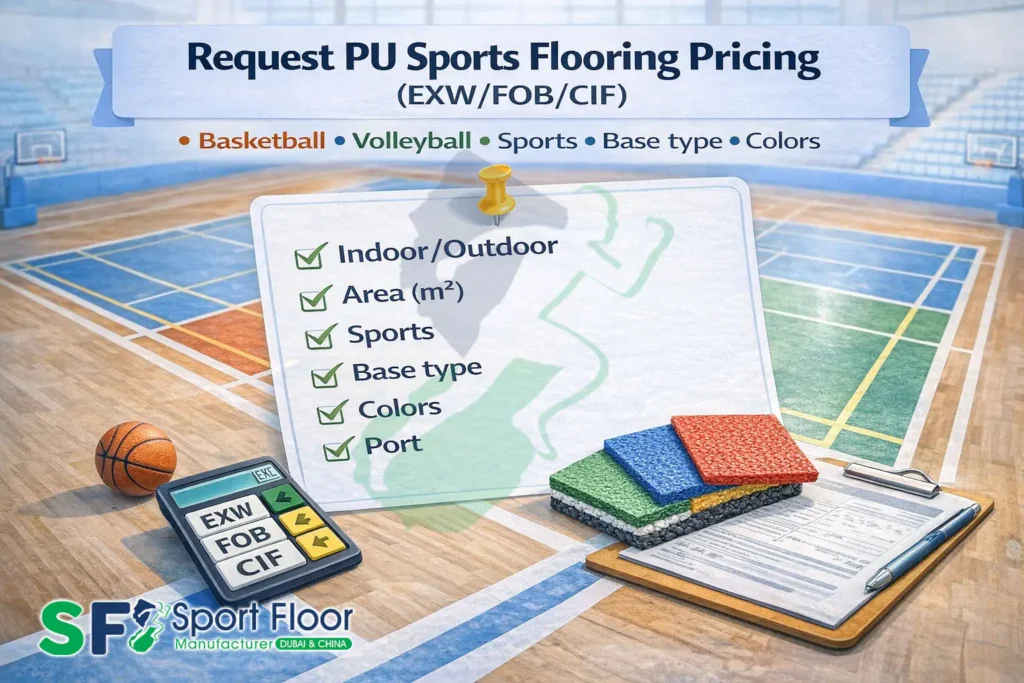 Request PU sports flooring quote EXW FOB CIF area base colors destination port