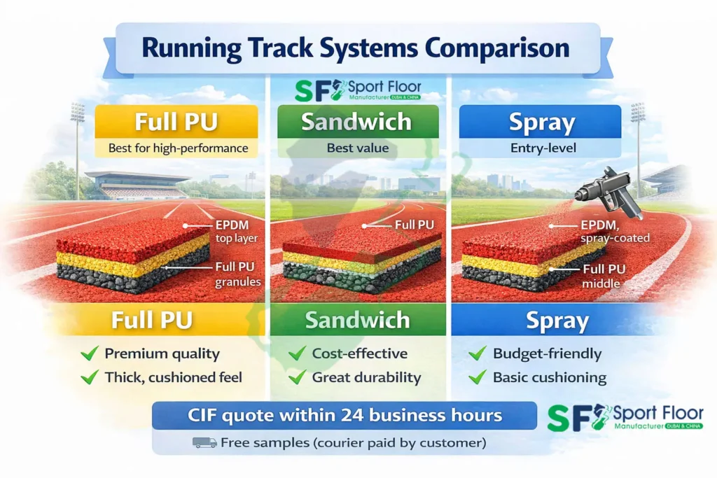 running track systems comparison full pu sandwich spray sport floor Running track systems comparison Full PU vs sandwich vs spray coat