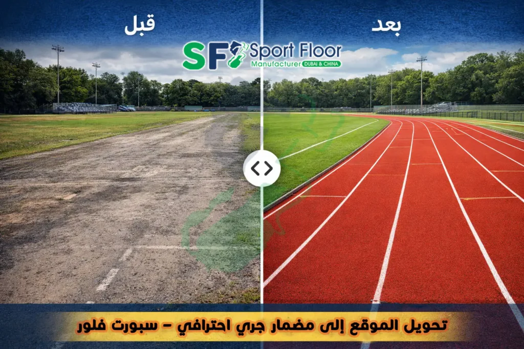 قبل وبعد تنفيذ مضمار جري ترتان بواسطة سبورت فلور