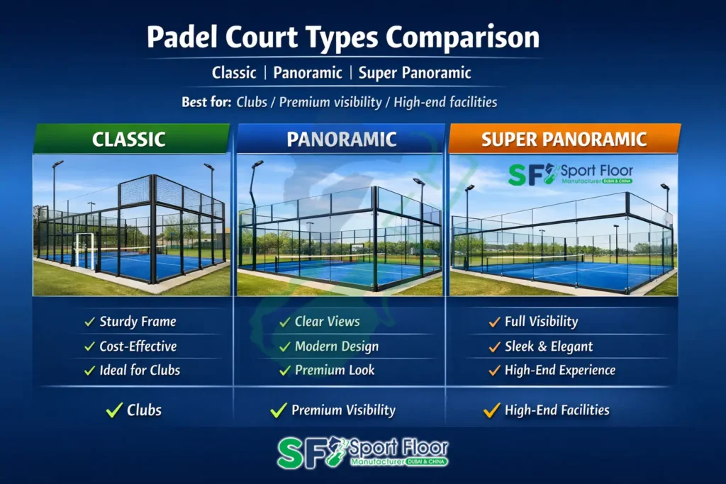 Classic vs panoramic vs super panoramic padel court comparison