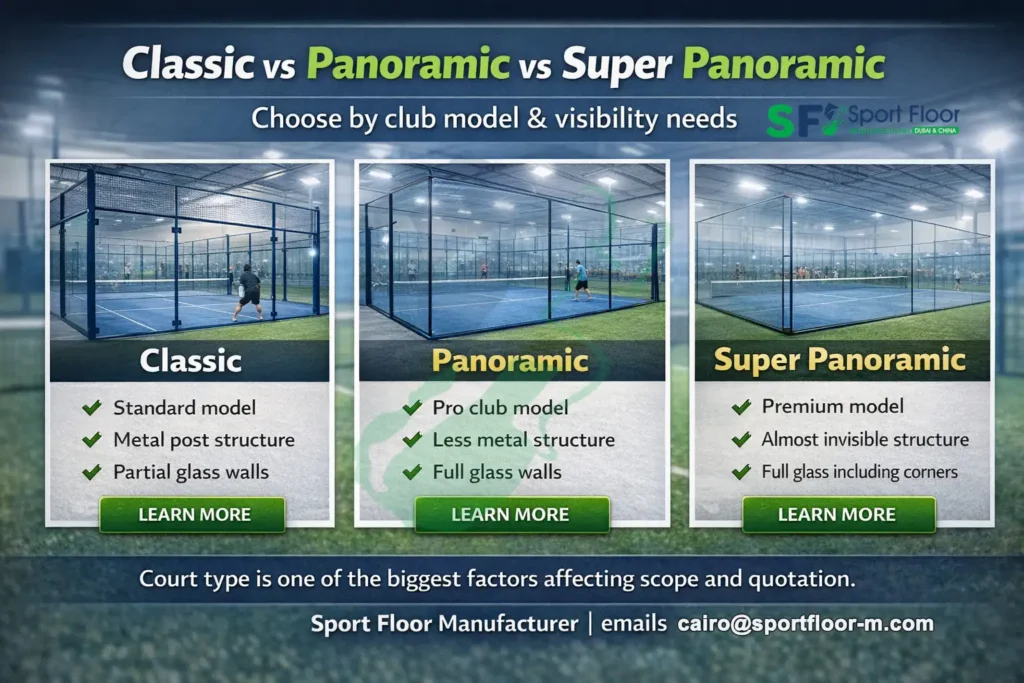 classic vs panoramic vs super panoramic padel court types comparison Classic vs panoramic vs super panoramic padel court types comparison
