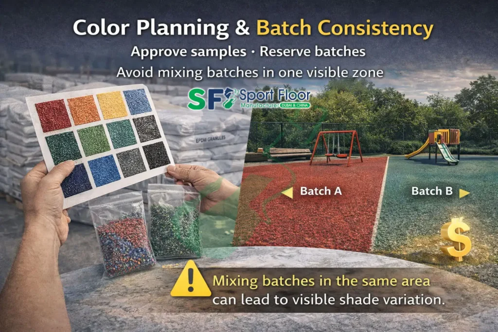 epdm color planning batch consistency wet pour projects EPDM color planning and batch consistency for wet pour projects