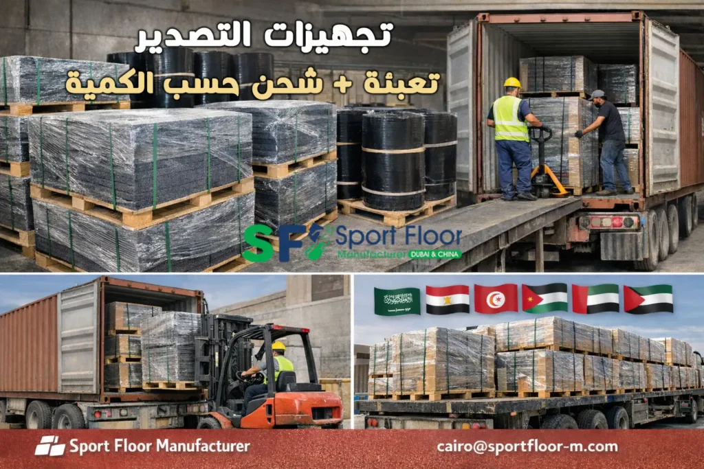 تجهيزات التصدير لتوريد ارضيات مطاط للدول العربية مع التعبئة والشحن