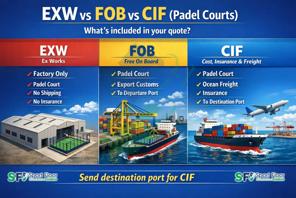 EXW vs FOB vs CIF padel court export quote shipping terms