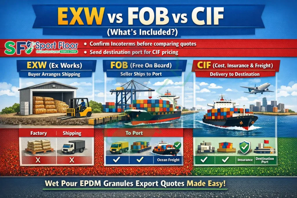 exw fob cif wet pour epdm granules export quotes EXW vs FOB vs CIF for wet pour EPDM granules export quotes