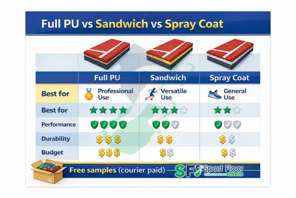 full pu vs sandwich vs spray coat running track systems comparison Full PU vs sandwich vs spray coat running track systems comparison