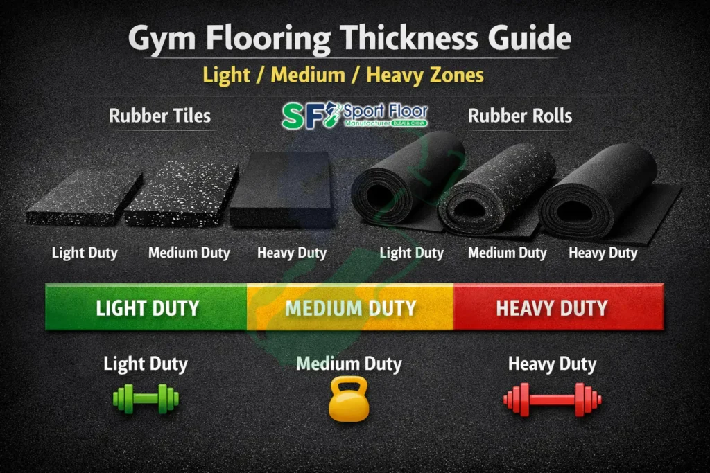 Gym flooring thickness guide for rubber tiles and rubber rolls