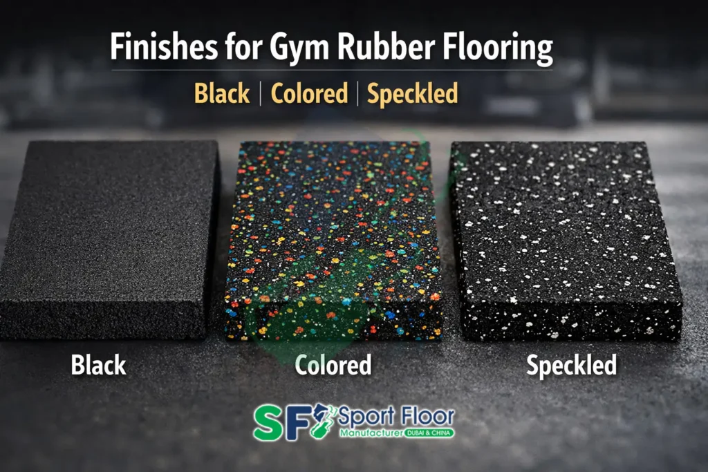 Gym rubber flooring finishes black colored speckled rubber tiles