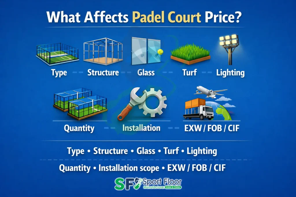 Factors affecting padel court price type structure glass turf lighting shipping