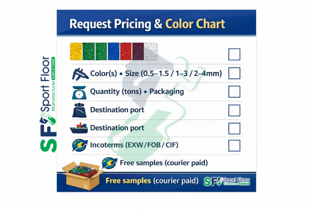 request epdm color chart pricing checklist exw fob cif Request EPDM color chart and pricing checklist size color tons packaging port incoterms